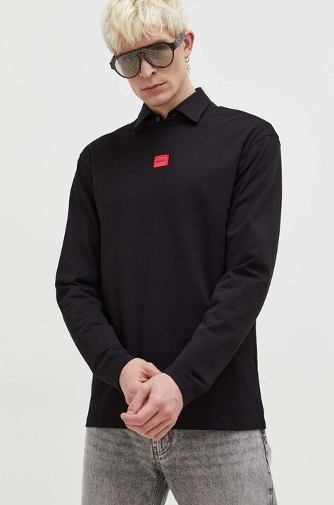 HUGO top a maniche lunghe in cotone colore nero con applicazione