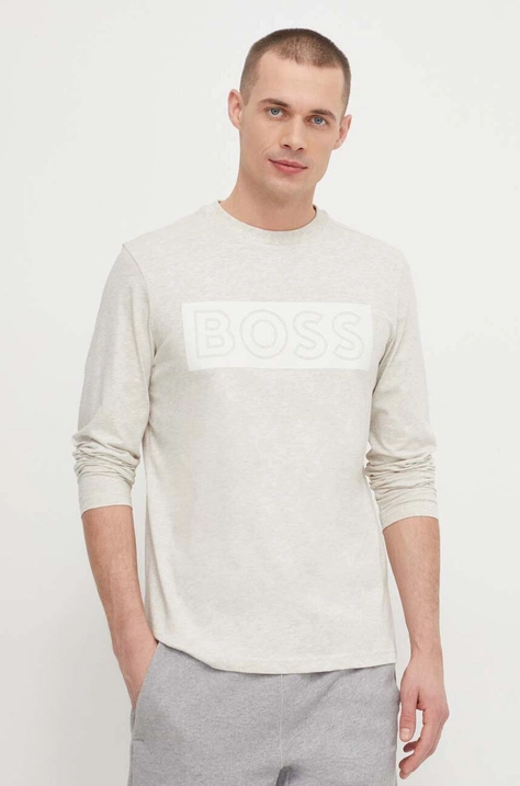 BOSS Green longsleeve din bumbac culoarea gri, cu imprimeu 50506345