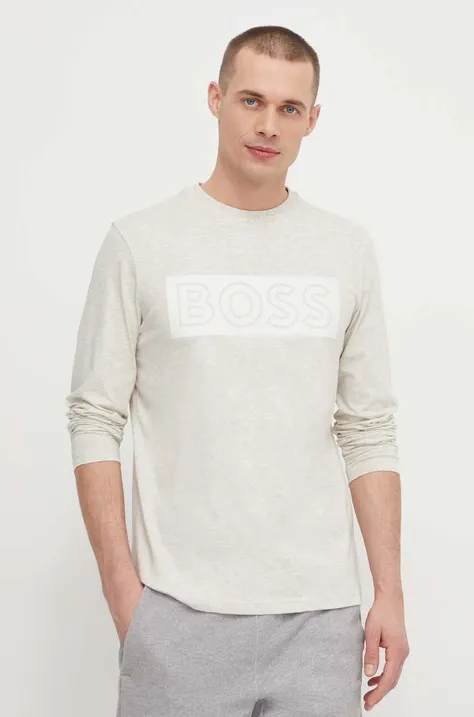 Bavlnené tričko s dlhým rukávom Boss Green šedá farba, s potlačou