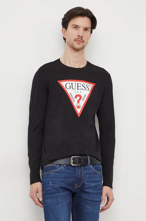 Bombažna majica z dolgimi rokavi Guess črna barva