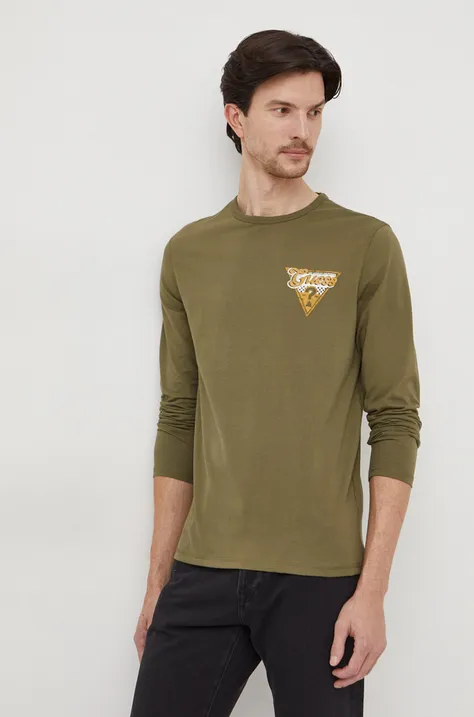 Βαμβακερή μπλούζα με μακριά μανίκια Guess χρώμα: πράσινο