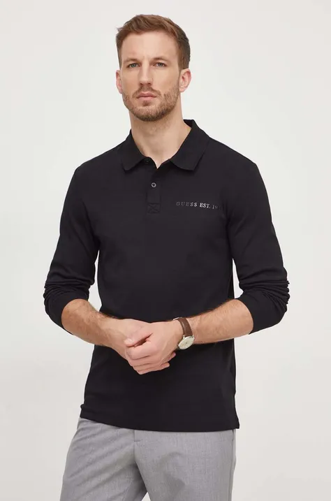 Tričko s dlhým rukávom Guess OLIVER pánsky, čierna farba, s potlačou, M4RP36 KBL51