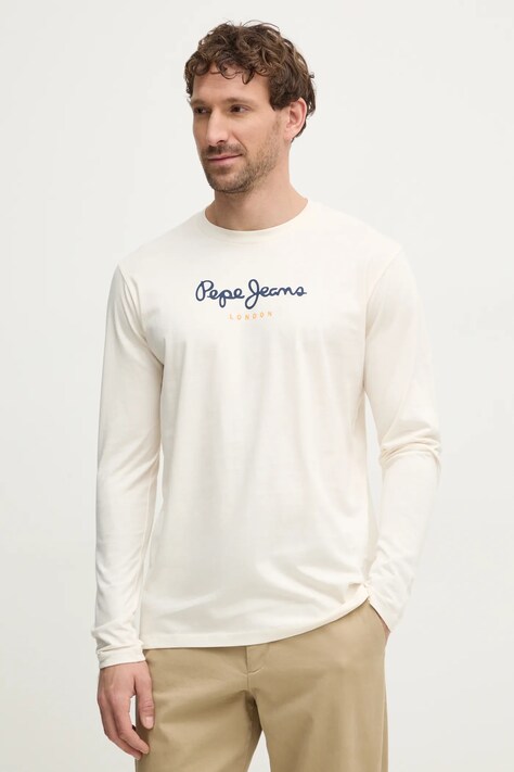 Pepe Jeans tricou din bumbac Eggo barbati, culoarea bej, cu imprimeu