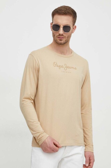 Pepe Jeans tricou din bumbac Eggo barbati, culoarea bej, cu imprimeu