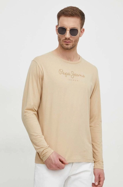 Pepe Jeans tricou din bumbac Eggo barbati, culoarea bej, cu imprimeu