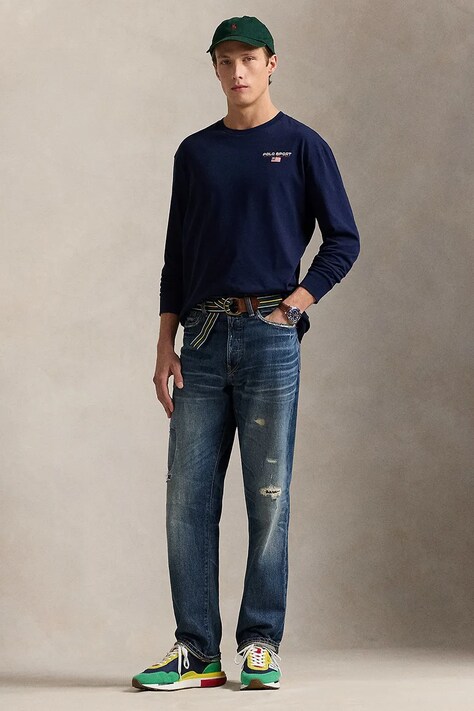 Бавовняний лонгслів Polo Ralph Lauren колір синій з аплікацією