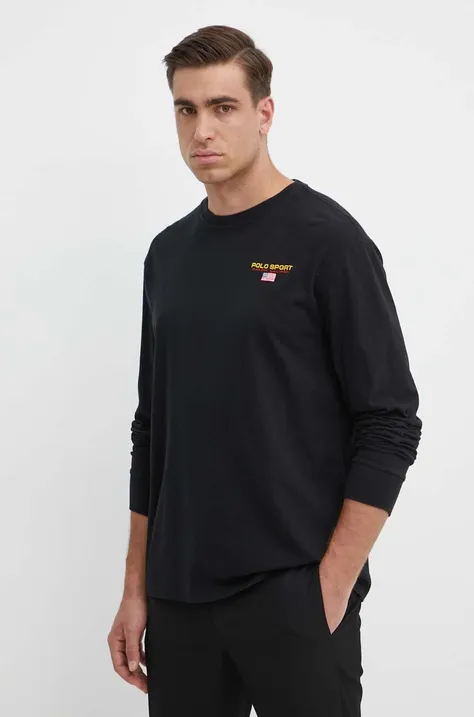 Памучна блуза с дълги ръкави Polo Ralph Lauren в черно с апликация