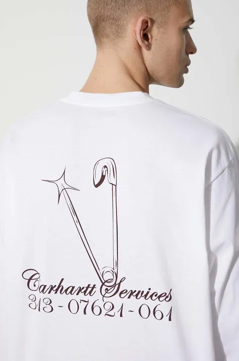 Carhartt WIP longsleeve din bumbac longsleeve Safety Pin T-Shirt culoarea alb, cu imprimeu, I032892.20LXX