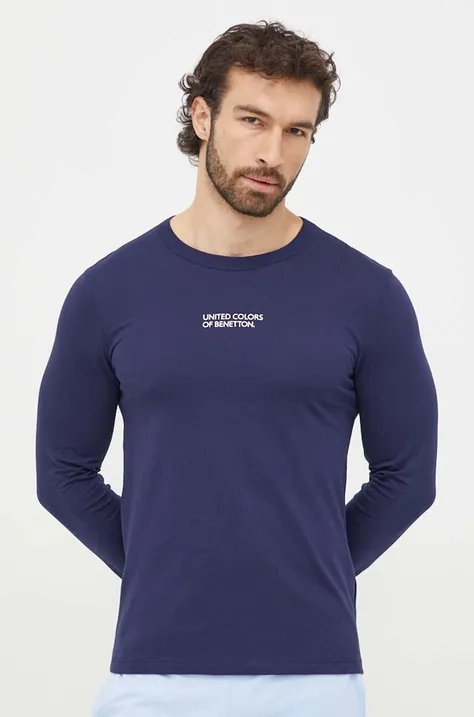 Bavlnené tričko s dlhým rukávom United Colors of Benetton tmavomodrá farba, s potlačou