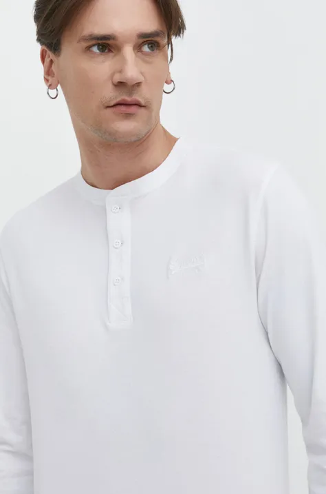 Bavlnené tričko s dlhým rukávom Superdry biela farba, jednofarebný