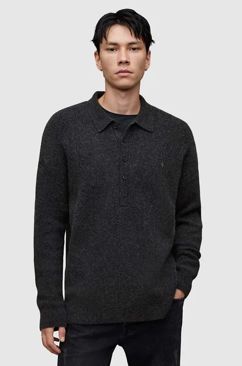 AllSaints sweter z wełną SHAPLEY LS POLO kolor czarny