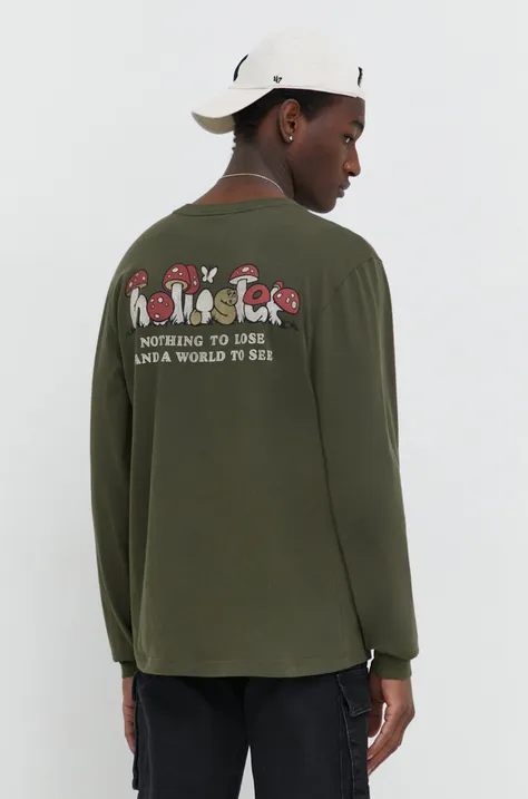 Bavlnené tričko s dlhým rukávom Hollister Co. zelená farba, s potlačou