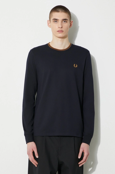 Bavlněné tričko s dlouhým rukávem Fred Perry Twin Tipped T-Shirt tmavomodrá barva, s aplikací, M9602.M68