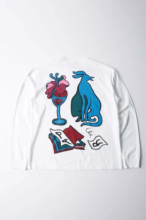 by Parra longsleeve bawełniany Wine and Books kolor biały z nadrukiem 51116