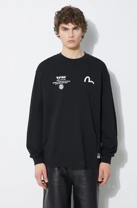 Bavlněné tričko s dlouhým rukávem Evisu Seagull + Kamon & Wave Print LS Tee černá barva, s potiskem, 2ESHTM4TL7063