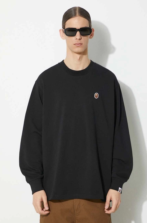 Хлопковый лонгслив A Bathing Ape Ape Head One Point L/S Tee цвет чёрный однотонный 1J80111053