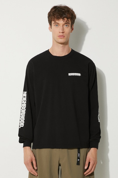 NEIGHBORHOOD longsleeve din bumbac culoarea negru, cu imprimeu, 241PCNH.LT01
