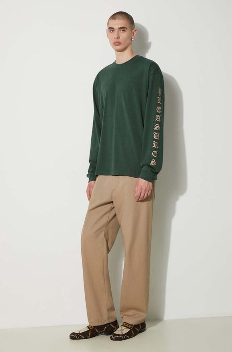 Bavlnené tričko s dlhým rukávom PLEASURES Oe Long Sleeve zelená farba, s nášivkou, P24SU008-GREEN