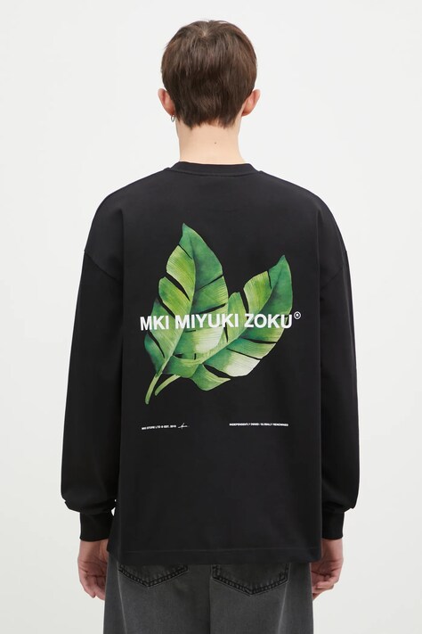 Памучна блуза с дълги ръкави MKI MIYUKI ZOKU Leaf Long Sleeve Tee в черно с принт LEAF.LONG.SLEEVE.TEE