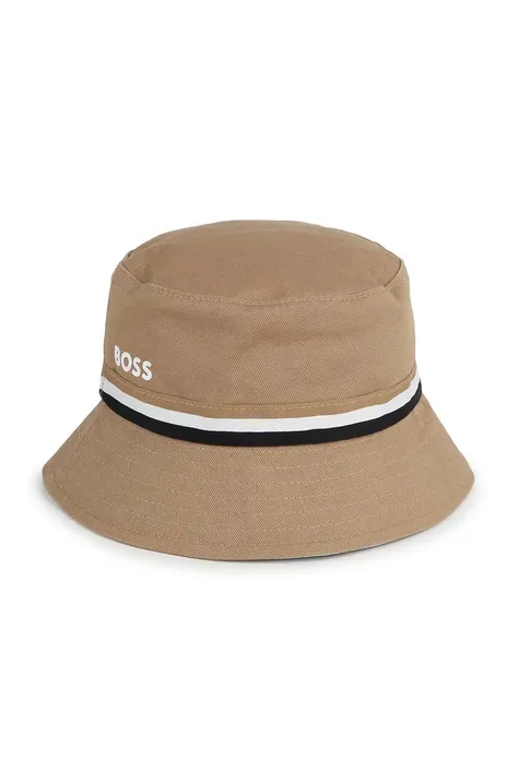 Αναστρέψιμο βαμβακερό παιδικό καπέλο BOSS χρώμα: μπεζ