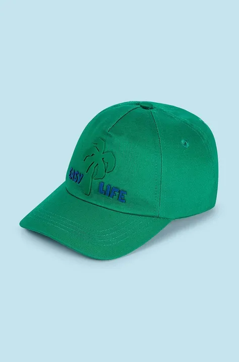 Дитяча бавовняна кепка Mayoral колір зелений з аплікацією