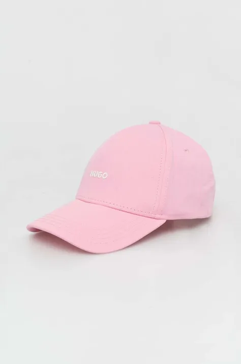 Bavlněná baseballová čepice HUGO růžová barva, s potiskem, 50508845
