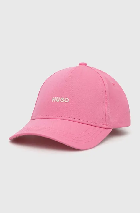 HUGO czapka z daszkiem bawełniana kolor różowy z nadrukiem