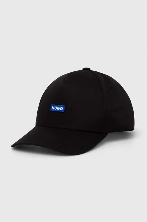 Hugo Blue czapka z daszkiem bawełniana kolor czarny z aplikacją