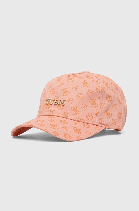 Памучна шапка с козирка Guess PEONY в розово с десен V4GZ01 WFKN0