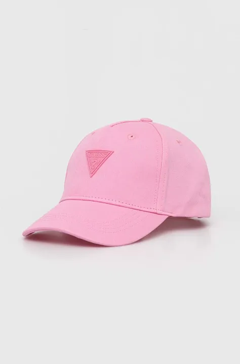 Guess czapka z daszkiem bawełniana dziecięca kolor różowy z aplikacją