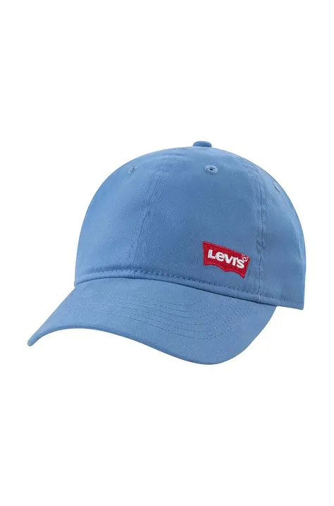 Детска памучна шапка с козирка Levi's LAN RICHMOND BATWING CURVE BRI в синьо с апликация