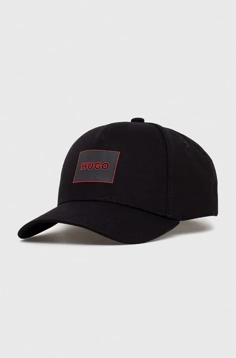 HUGO czapka z daszkiem bawełniana kolor czarny z aplikacją