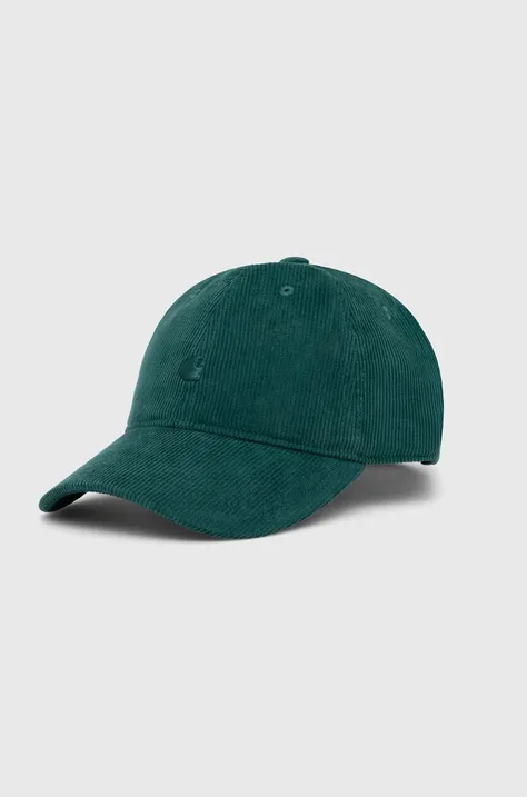 Carhartt WIP cappello con visiera in velluto a coste Harlem Cap colore verde I028955.1XHXX