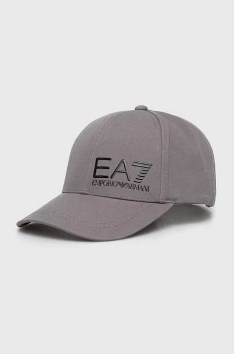 Bavlněná baseballová čepice EA7 Emporio Armani šedá barva, s aplikací