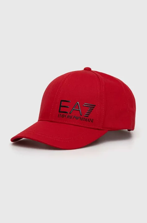 EA7 Emporio Armani czapka z daszkiem bawełniana kolor czerwony z nadrukiem