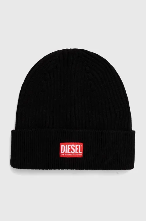 Vlněná čepice Diesel černá barva, z tenké pleteniny