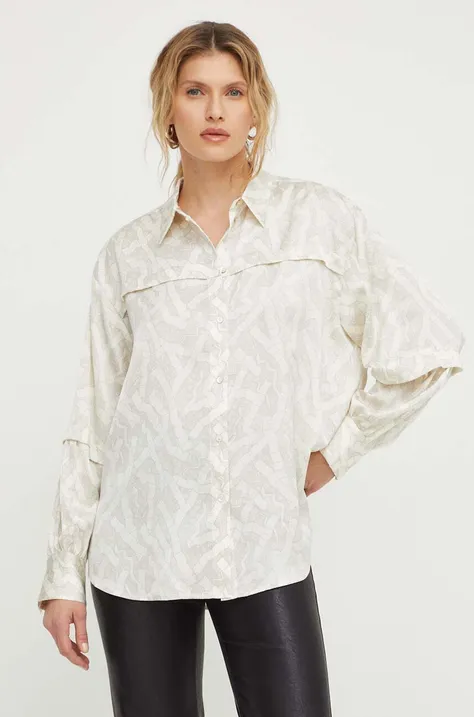 Риза Bruuns Bazaar дамска в бежово със свободна кройка с класическа яка