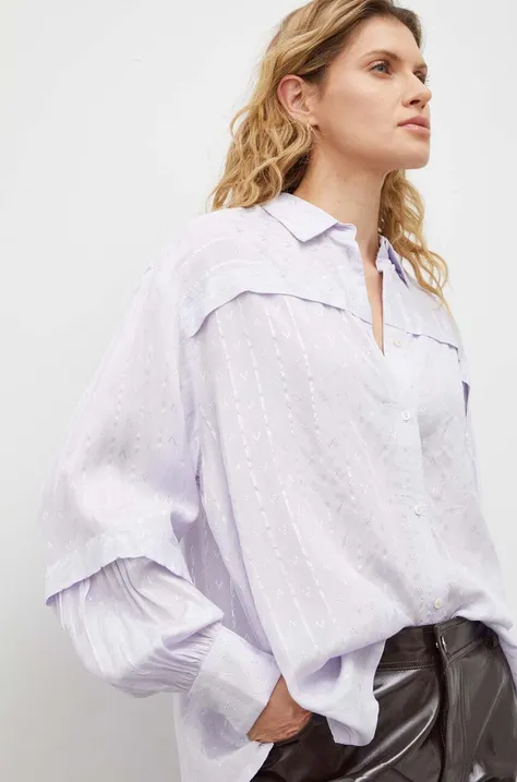 Риза Bruuns Bazaar дамска в лилаво със свободна кройка с класическа яка