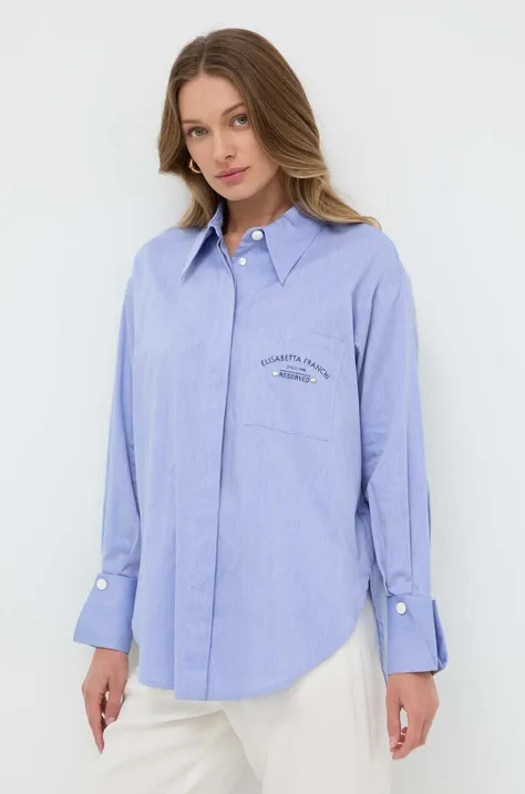 Памучна риза Elisabetta Franchi дамска в синьо със стандартна кройка с класическа яка CA03441E2