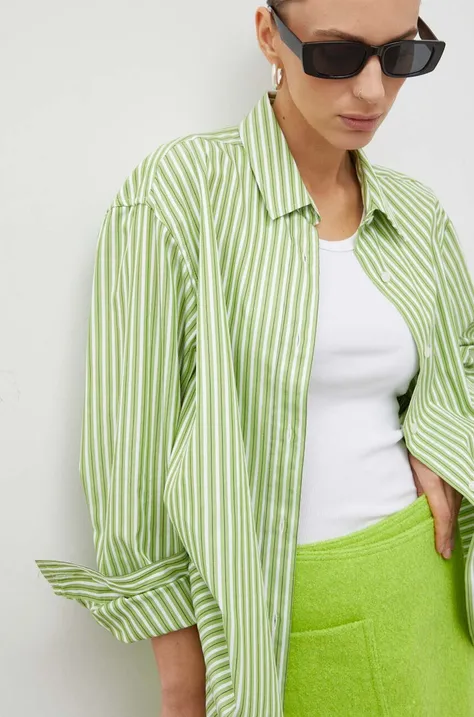 Bavlnená košeľa Samsoe Samsoe dámska, zelená farba, voľný strih, s klasickým golierom