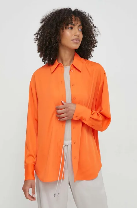 Košeľa Calvin Klein dámska, oranžová farba, voľný strih, s klasickým golierom