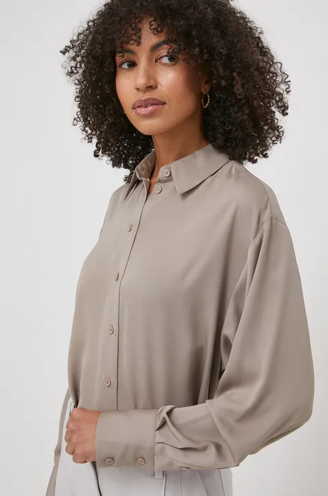 Košeľa Calvin Klein dámska, béžová farba, voľný strih, s klasickým golierom