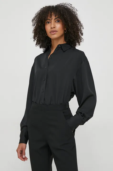 Košeľa Calvin Klein dámska, čierna farba, voľný strih, s klasickým golierom