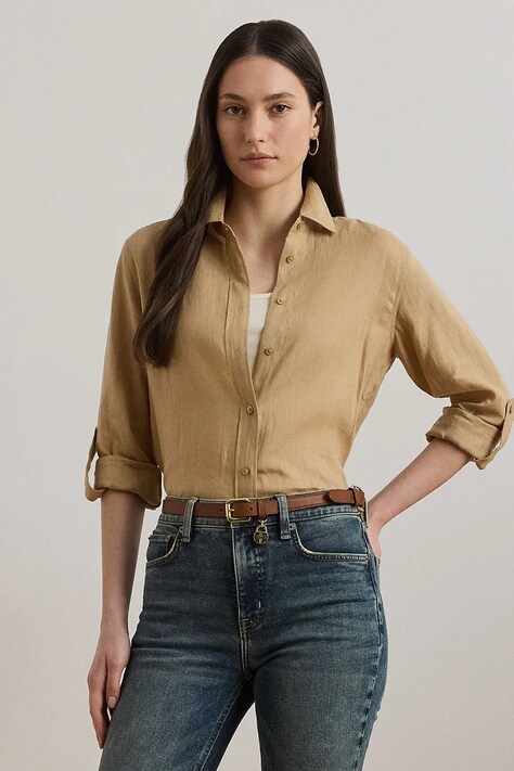 Lněná košile Lauren Ralph Lauren modrá barva, regular, s klasickým límcem, 200782777