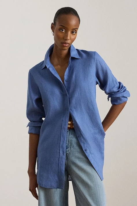 Lauren Ralph Lauren srajca ženska lanena modra enobarvna 200782777