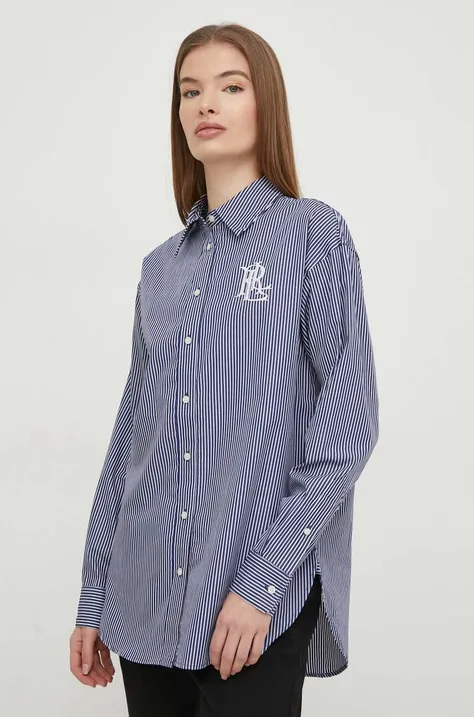 Bavlnená košeľa Lauren Ralph Lauren dámska, tmavomodrá farba, regular, s klasickým golierom
