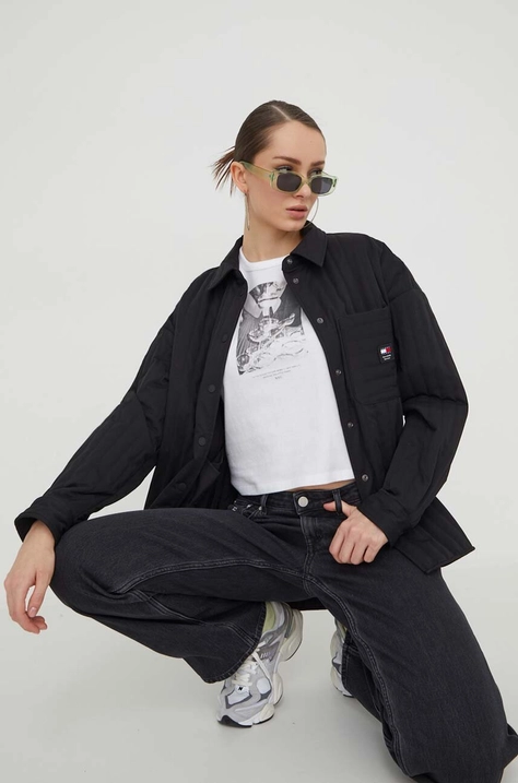 Tommy Jeans geacă cu aspect de cămașă culoarea negru, de tranziție, oversize DW0DW17522