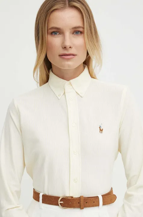 Pamučna košulja Polo Ralph Lauren za žene, boja: žuta, slim, s klasičnim ovratnikom