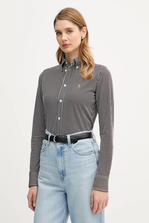 Polo Ralph Lauren koszula bawełniana damska kolor brązowy slim z kołnierzykiem klasycznym 211910131