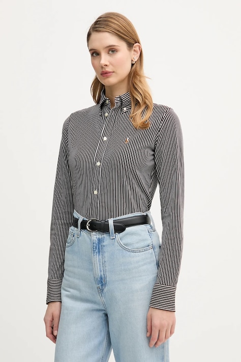 Polo Ralph Lauren koszula bawełniana damska kolor brązowy slim z kołnierzykiem klasycznym 211910131